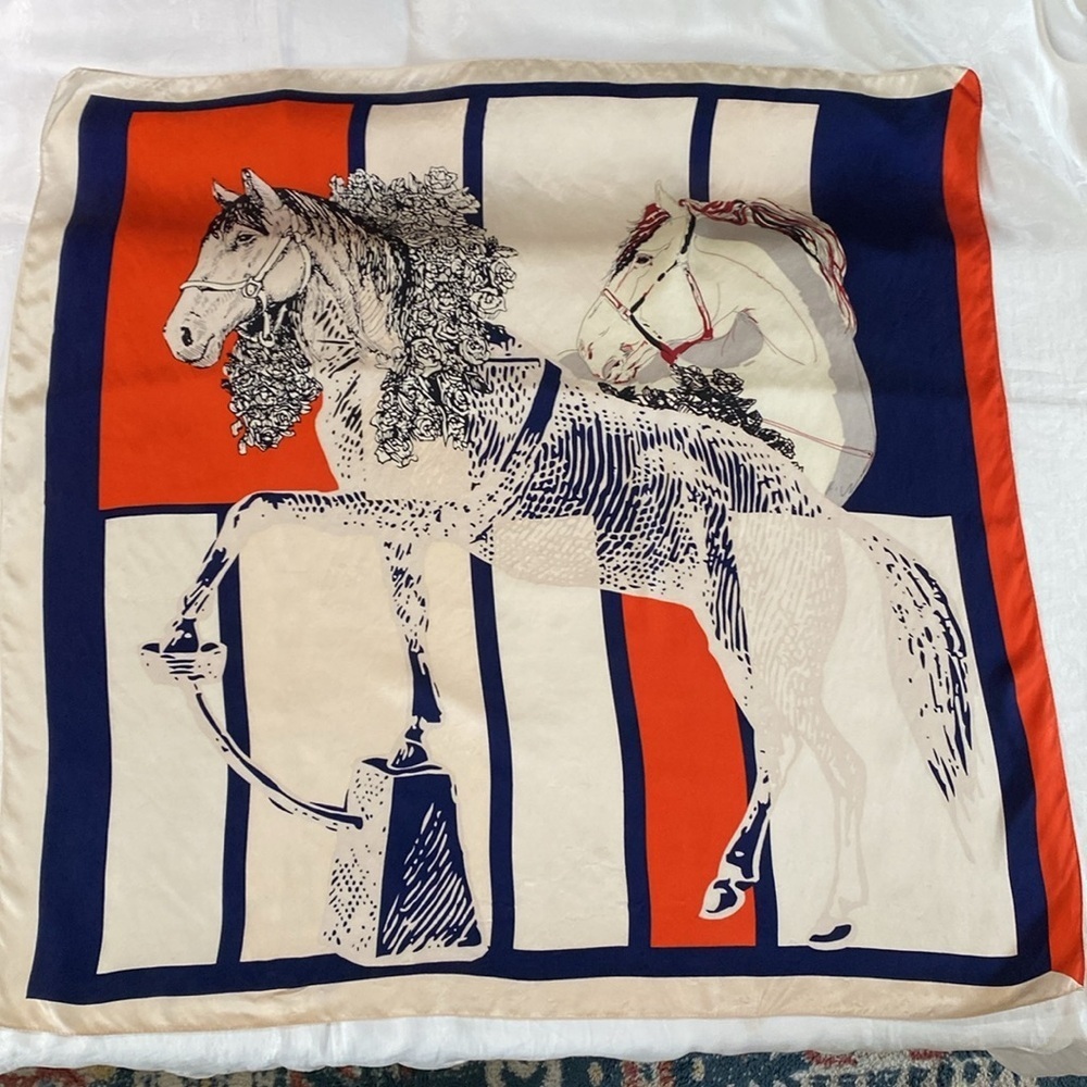 Equestrian Print Scarf Navy Blue Red Cream 33"x 34"